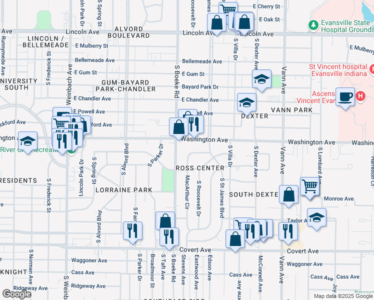 map of restaurants, bars, coffee shops, grocery stores, and more near 1033 Macarthur Drive in Evansville