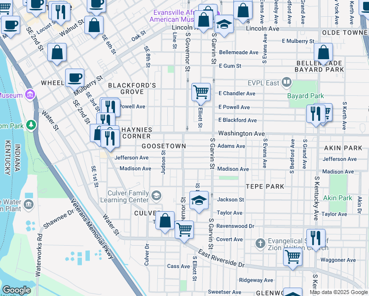 map of restaurants, bars, coffee shops, grocery stores, and more near 401 Adams Avenue in Evansville