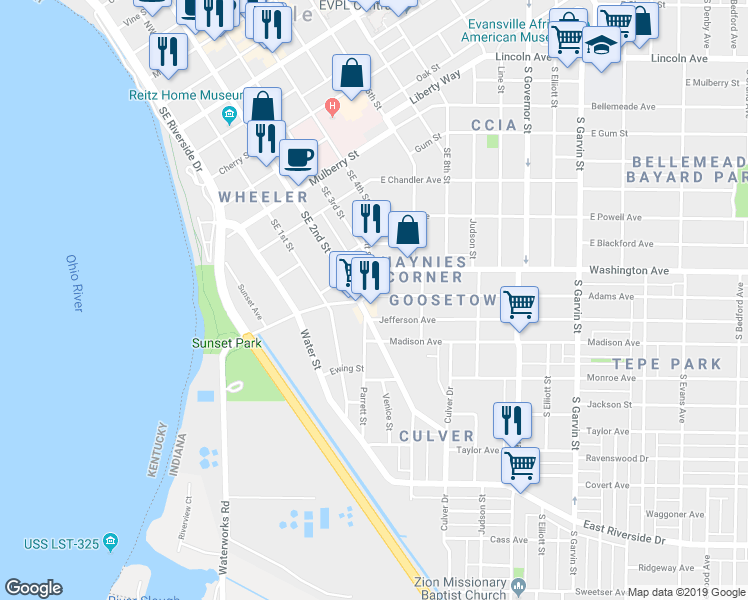 map of restaurants, bars, coffee shops, grocery stores, and more near 60 Adams Avenue in Evansville