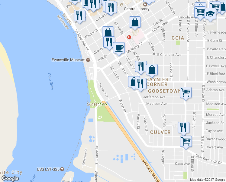 map of restaurants, bars, coffee shops, grocery stores, and more near 813 Southeast Riverside Drive in Evansville