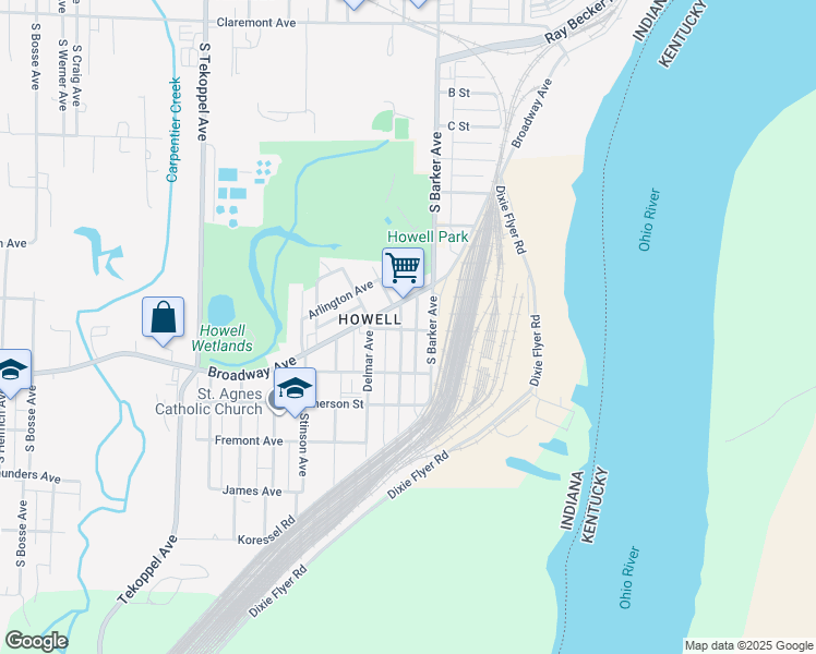 map of restaurants, bars, coffee shops, grocery stores, and more near 1331 South Barker Avenue in Evansville