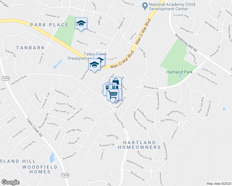map of restaurants, bars, coffee shops, grocery stores, and more near 4750 Hartland Parkway in Lexington