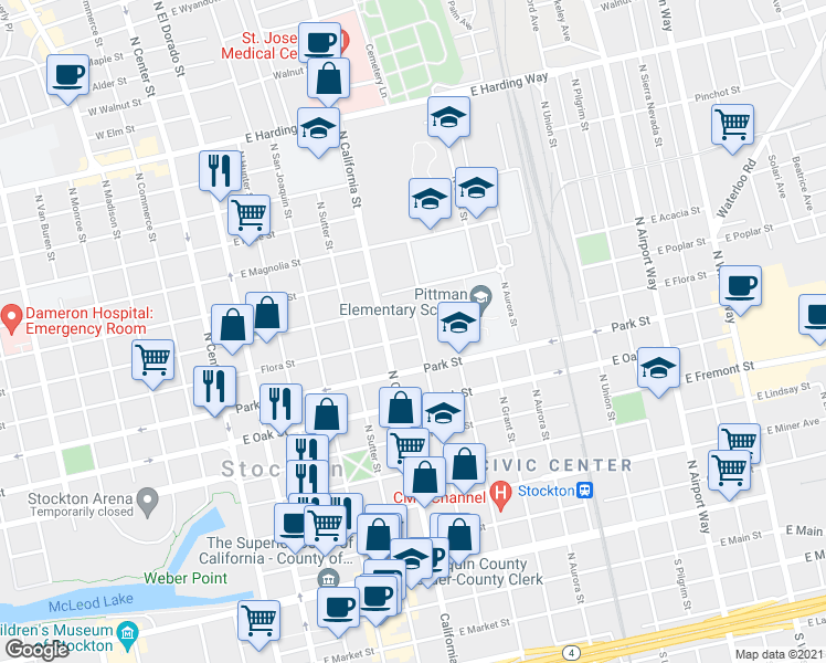 map of restaurants, bars, coffee shops, grocery stores, and more near 545 Flora Street in Stockton