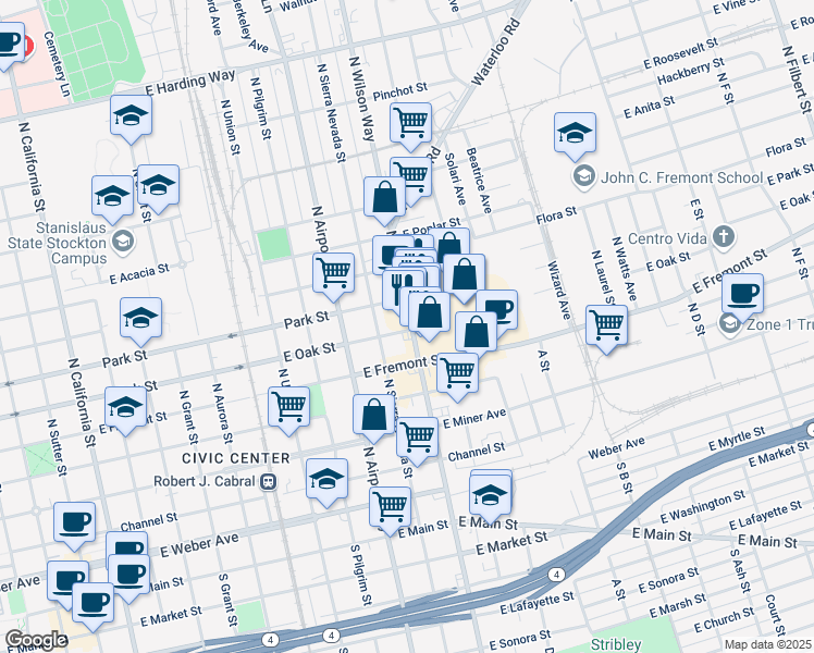 map of restaurants, bars, coffee shops, grocery stores, and more near 617 North Wilson Way in Stockton
