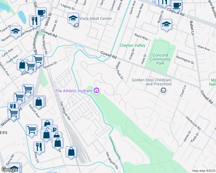 map of restaurants, bars, coffee shops, grocery stores, and more near 910 Ridge Drive in Concord