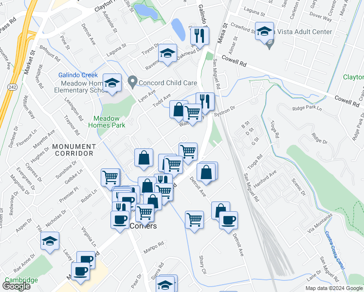 map of restaurants, bars, coffee shops, grocery stores, and more near 2524 Camara Circle in Concord