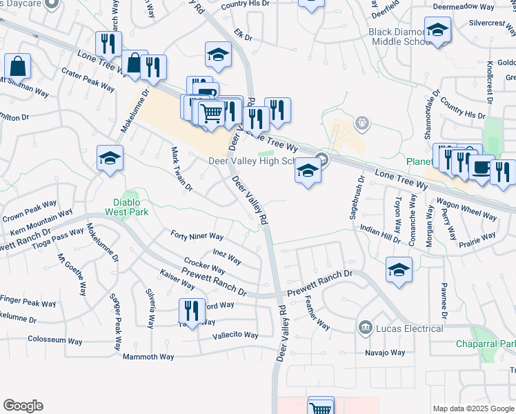 map of restaurants, bars, coffee shops, grocery stores, and more near Deer Valley Road in Antioch