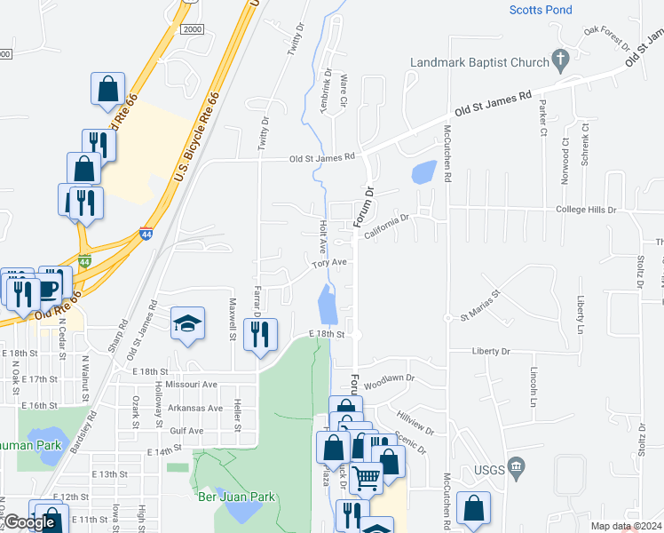 map of restaurants, bars, coffee shops, grocery stores, and more near 1200 Lajolla Court in Rolla