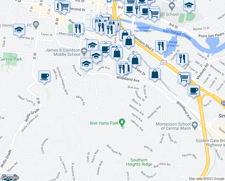 map of restaurants, bars, coffee shops, grocery stores, and more near 532 Bret Harte Road in San Rafael