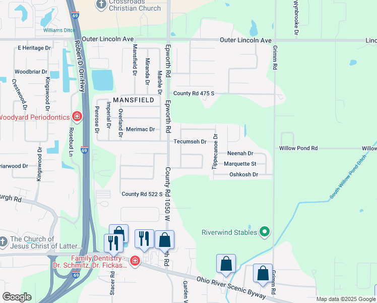 map of restaurants, bars, coffee shops, grocery stores, and more near 10400 Chippewa Drive in Newburgh