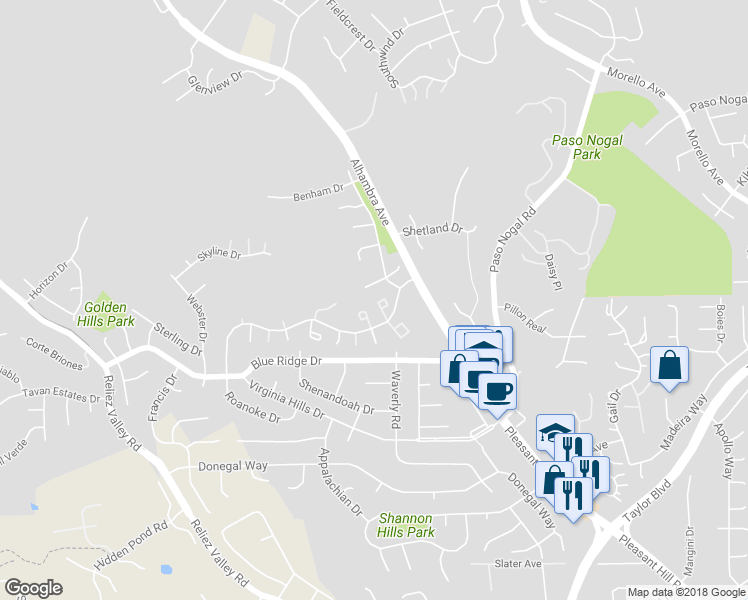 map of restaurants, bars, coffee shops, grocery stores, and more near 209 Valley Oak Plaza in Martinez