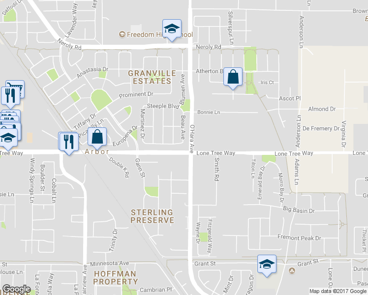 map of restaurants, bars, coffee shops, grocery stores, and more near 7460 Lone Tree Way in Brentwood