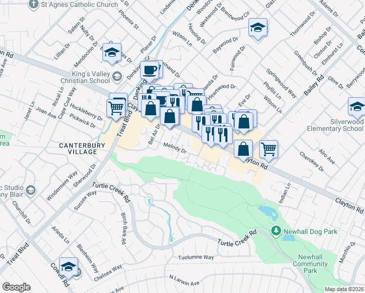 map of restaurants, bars, coffee shops, grocery stores, and more near 4515 Melody Drive in Concord