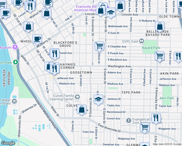 map of restaurants, bars, coffee shops, grocery stores, and more near 401 Adams Avenue in Evansville
