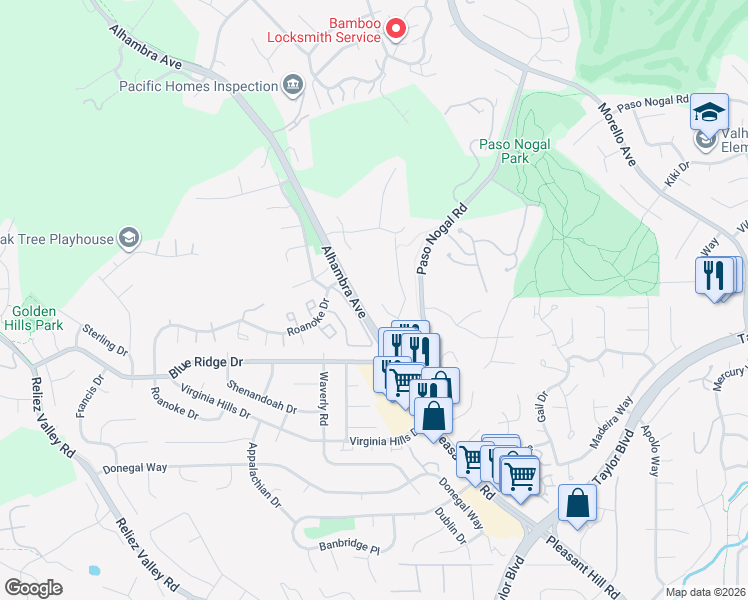 map of restaurants, bars, coffee shops, grocery stores, and more near 2851 Rockridge Drive in Pleasant Hill