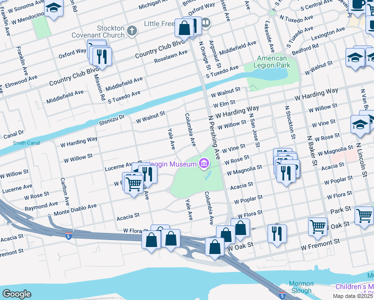 map of restaurants, bars, coffee shops, grocery stores, and more near 1524 Lucerne Avenue in Stockton