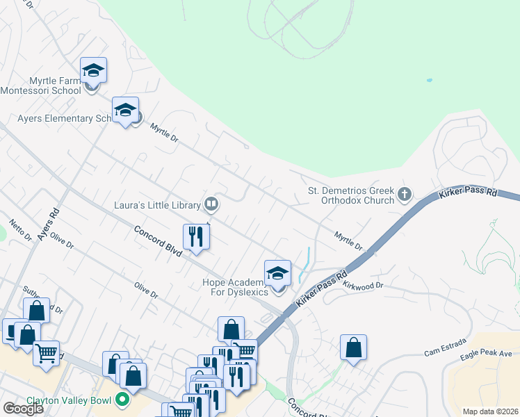 map of restaurants, bars, coffee shops, grocery stores, and more near 5202 Myrtle Drive in Concord