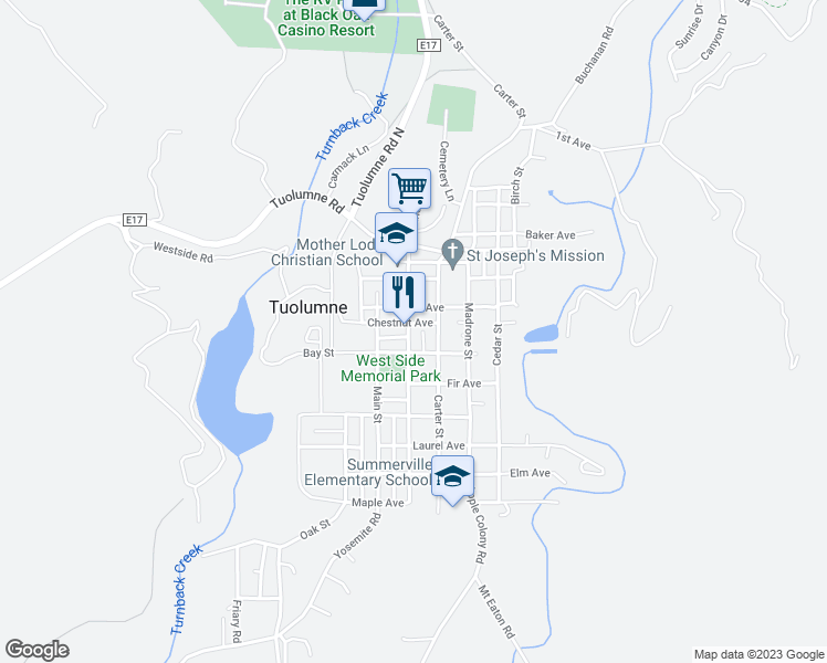 map of restaurants, bars, coffee shops, grocery stores, and more near 18689 Pine Street in Tuolumne