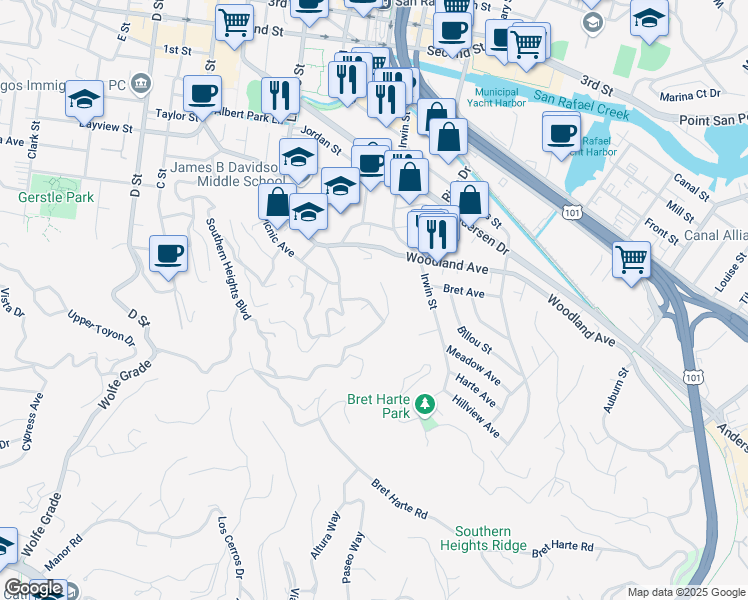 map of restaurants, bars, coffee shops, grocery stores, and more near 25 La Loma Court in San Rafael