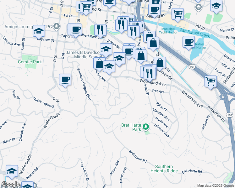 map of restaurants, bars, coffee shops, grocery stores, and more near 114 Bungalow Avenue in San Rafael