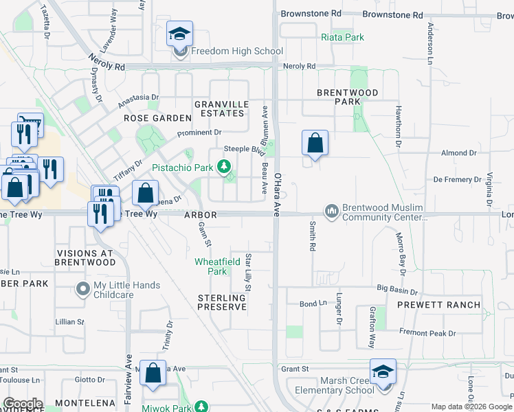 map of restaurants, bars, coffee shops, grocery stores, and more near 7460 Lone Tree Way in Brentwood