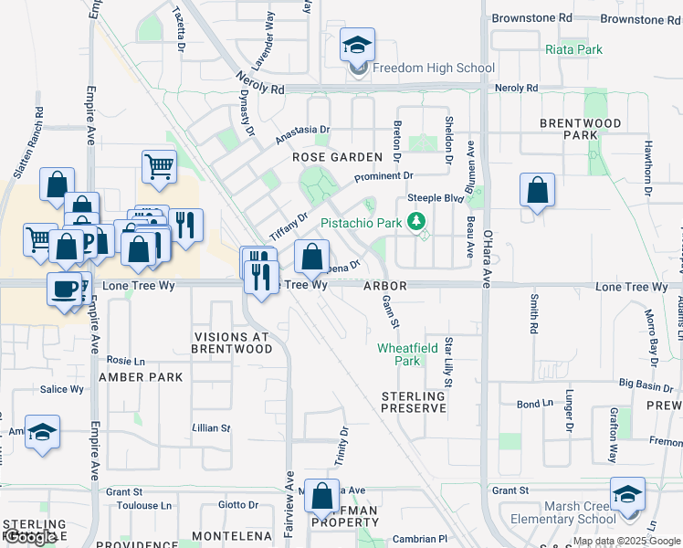 map of restaurants, bars, coffee shops, grocery stores, and more near 1126 Europena Drive in Brentwood