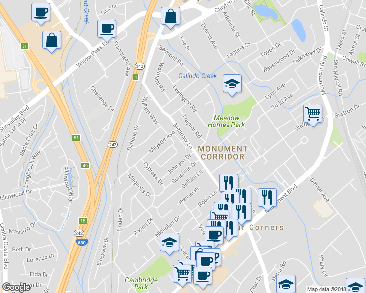 map of restaurants, bars, coffee shops, grocery stores, and more near 1301 Tapestry Lane in Concord