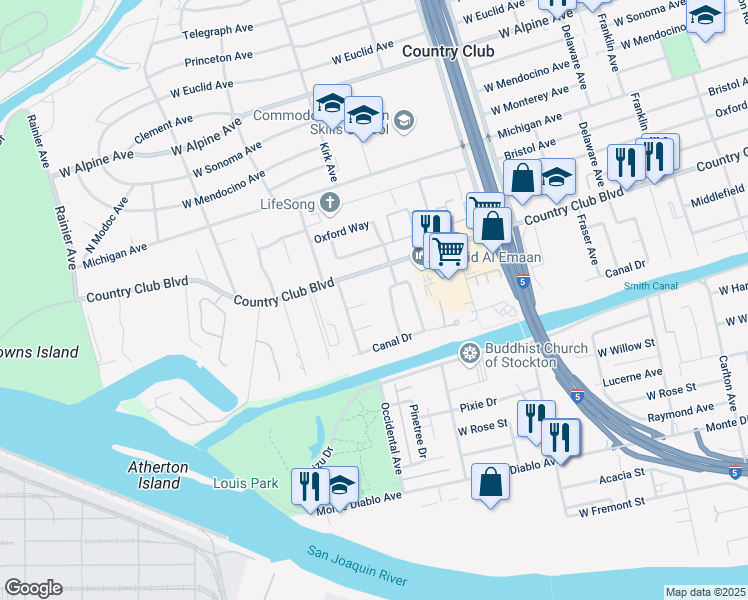 map of restaurants, bars, coffee shops, grocery stores, and more near 3005 Riverside Court in Stockton