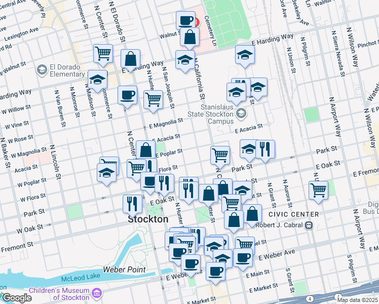 map of restaurants, bars, coffee shops, grocery stores, and more near 320 East Poplar Street in Stockton