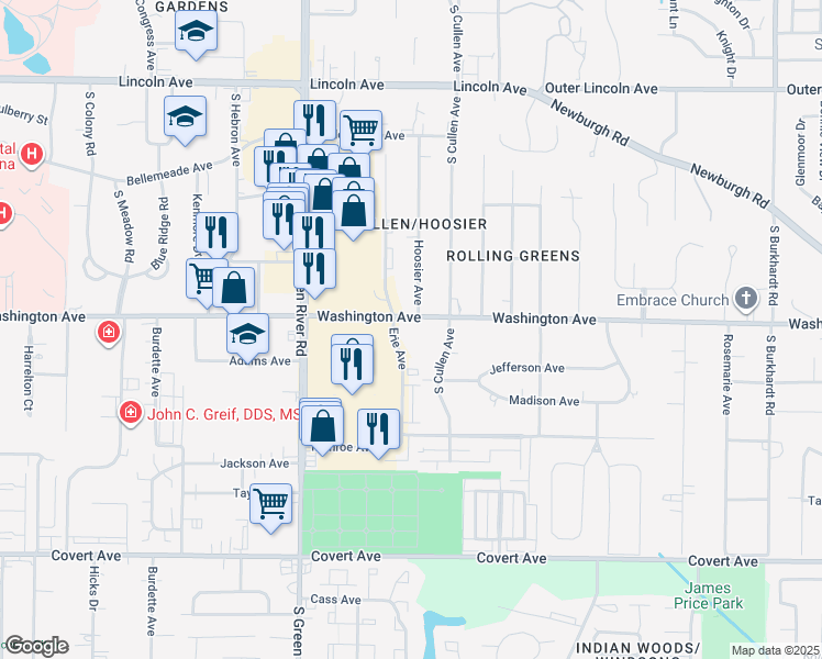 map of restaurants, bars, coffee shops, grocery stores, and more near 5115 Washington Avenue in Evansville