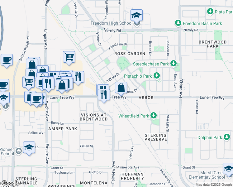 map of restaurants, bars, coffee shops, grocery stores, and more near 1148 Europena Drive in Brentwood