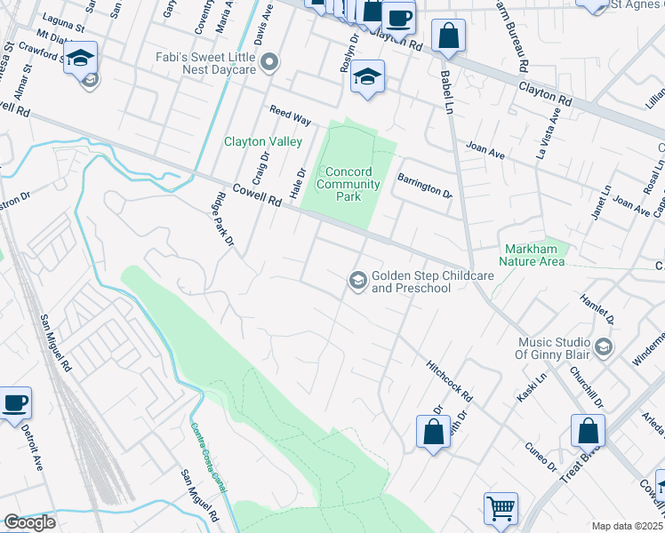 map of restaurants, bars, coffee shops, grocery stores, and more near 3685 Hobby Court in Concord