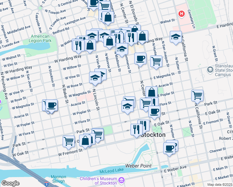 map of restaurants, bars, coffee shops, grocery stores, and more near 245 Acacia Street in Stockton