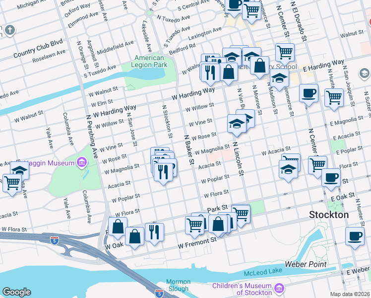 map of restaurants, bars, coffee shops, grocery stores, and more near 1121 North Baker Street in Stockton