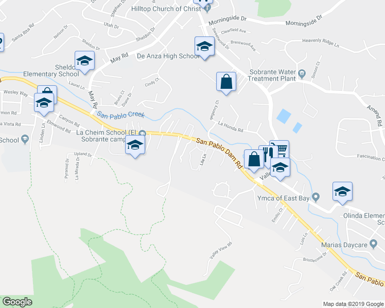 map of restaurants, bars, coffee shops, grocery stores, and more near 119 Del Valle Circle in El Sobrante