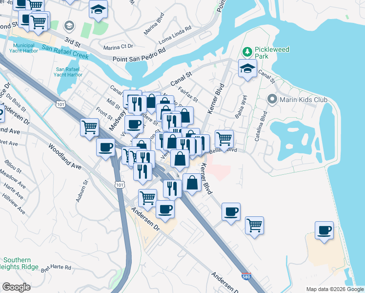 map of restaurants, bars, coffee shops, grocery stores, and more near 41 Belvedere St in San Rafael