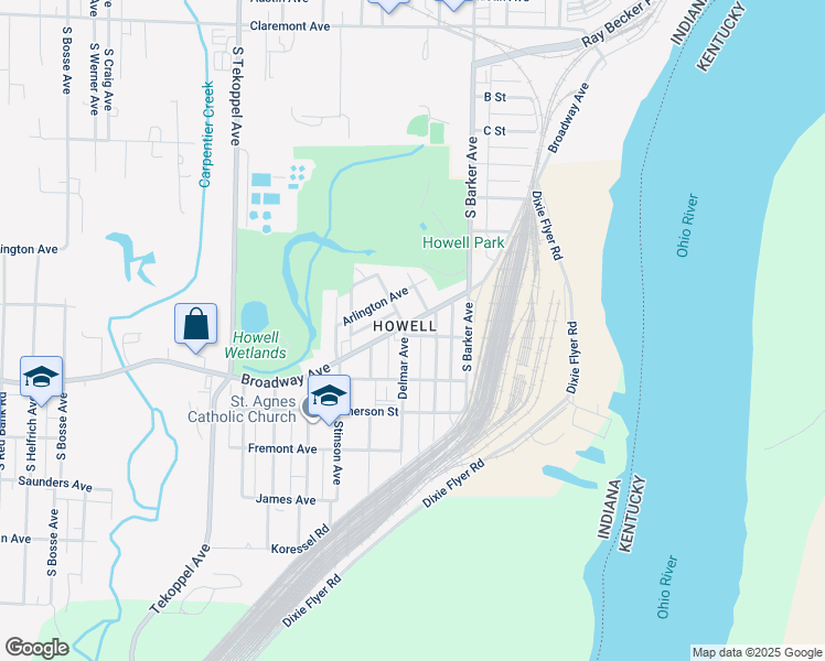 map of restaurants, bars, coffee shops, grocery stores, and more near 1404 Delmar Avenue in Evansville