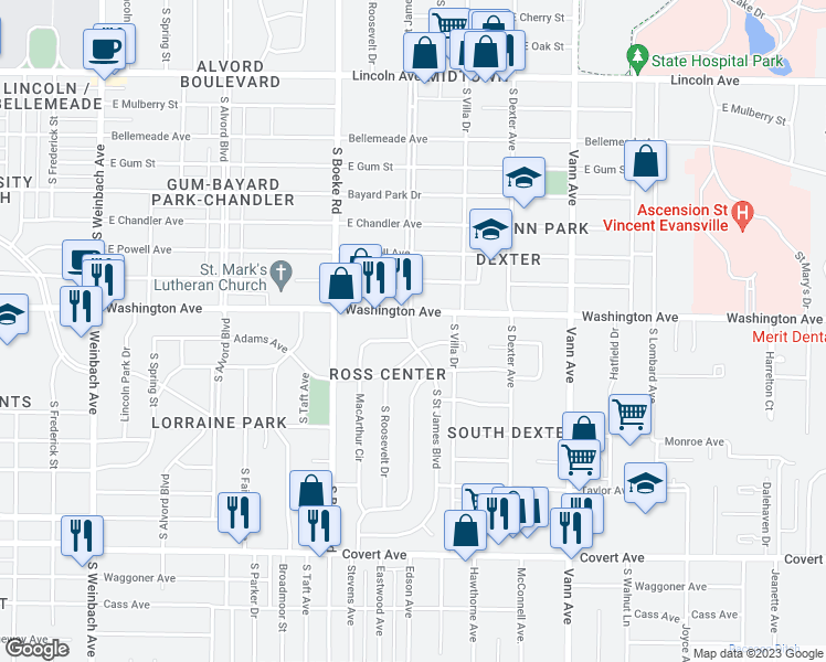 map of restaurants, bars, coffee shops, grocery stores, and more near 1010 South Saint James Boulevard in Evansville