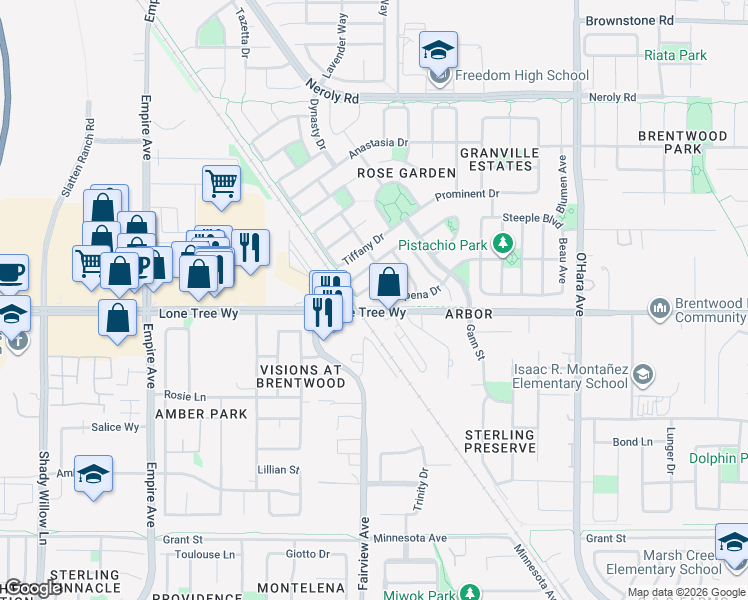 map of restaurants, bars, coffee shops, grocery stores, and more near 1148 Europena Drive in Brentwood