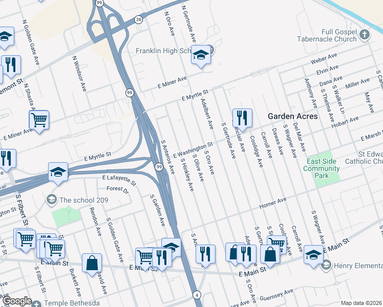 map of restaurants, bars, coffee shops, grocery stores, and more near 205 South Olive Avenue in Stockton