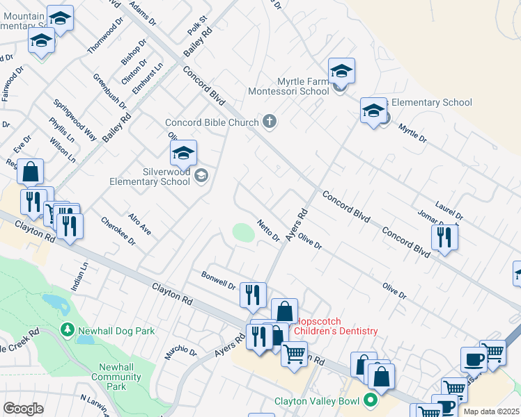 map of restaurants, bars, coffee shops, grocery stores, and more near 4998 Olive Drive in Concord