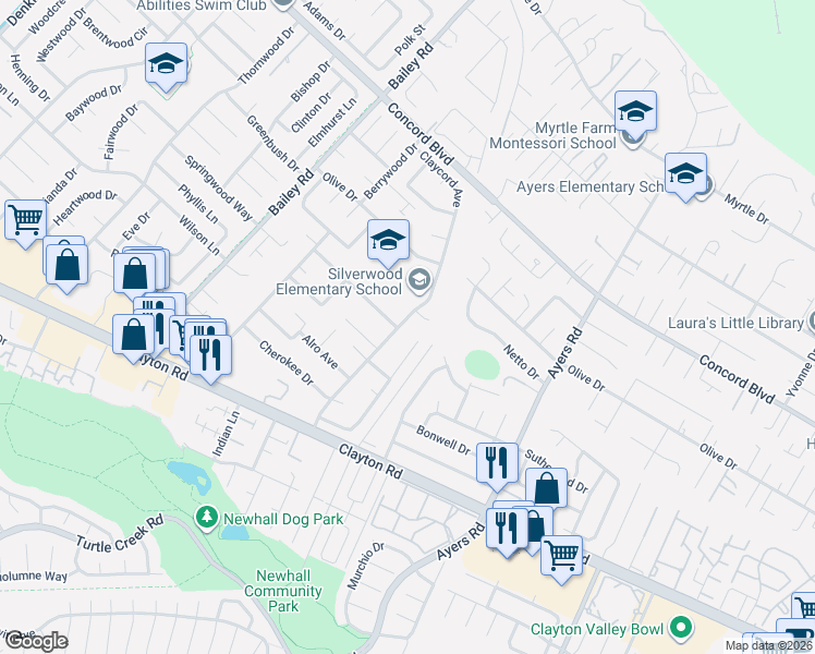 map of restaurants, bars, coffee shops, grocery stores, and more near 1608 Claycord Avenue in Concord