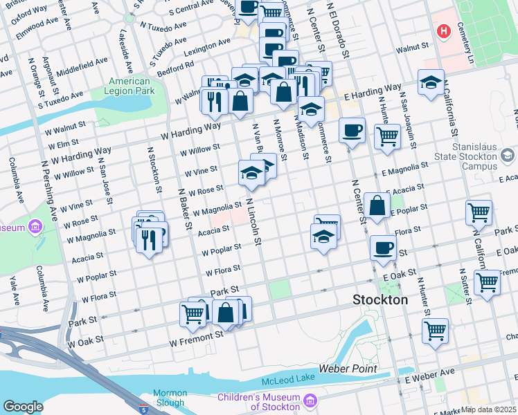 map of restaurants, bars, coffee shops, grocery stores, and more near 1032 North Lincoln Street in Stockton