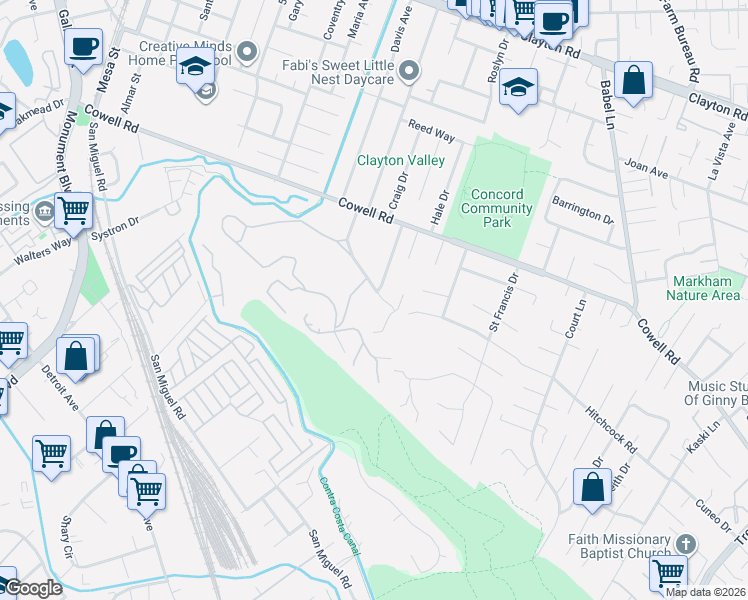 map of restaurants, bars, coffee shops, grocery stores, and more near 1067 Ridge Park Drive in Concord