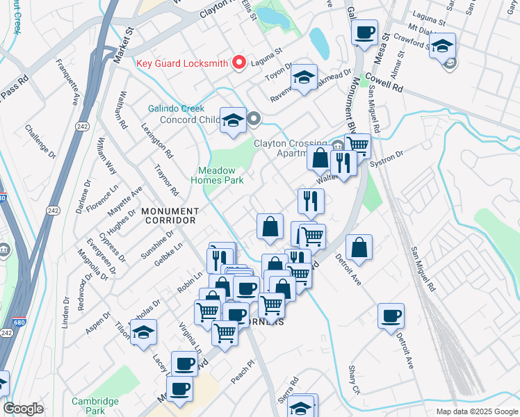 map of restaurants, bars, coffee shops, grocery stores, and more near 1243 Pine Creek Way in Concord