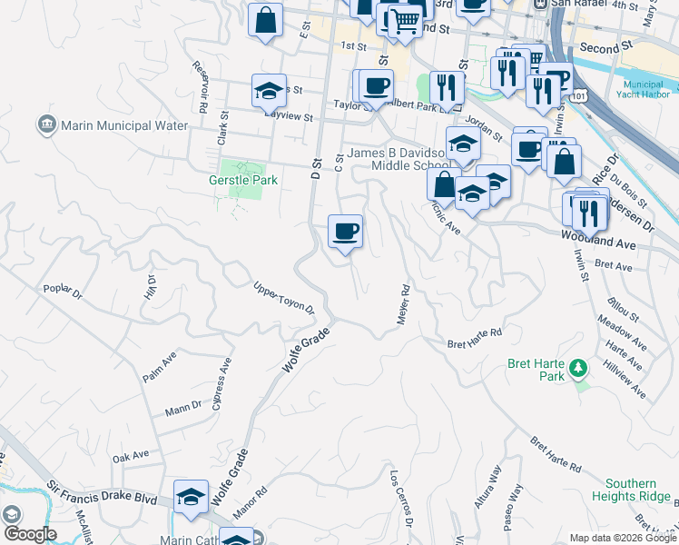map of restaurants, bars, coffee shops, grocery stores, and more near 3 Wolfe Avenue in San Rafael