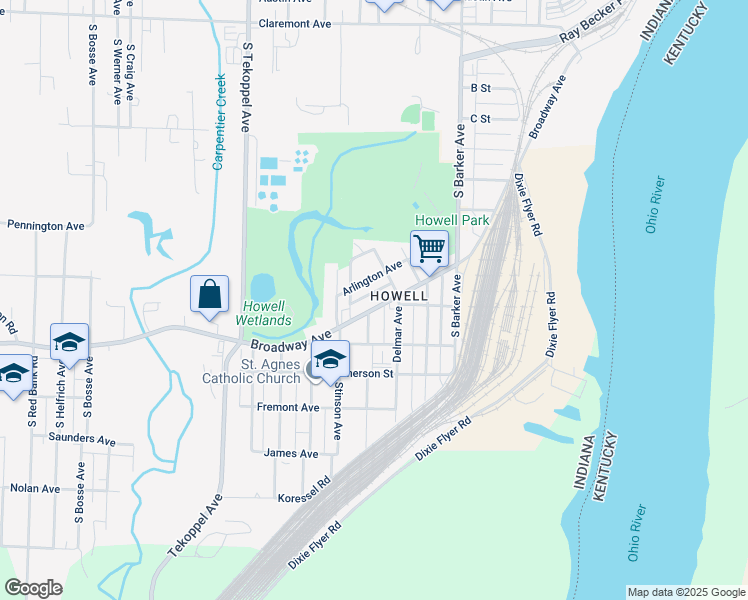 map of restaurants, bars, coffee shops, grocery stores, and more near 3119 Broadway Avenue in Evansville