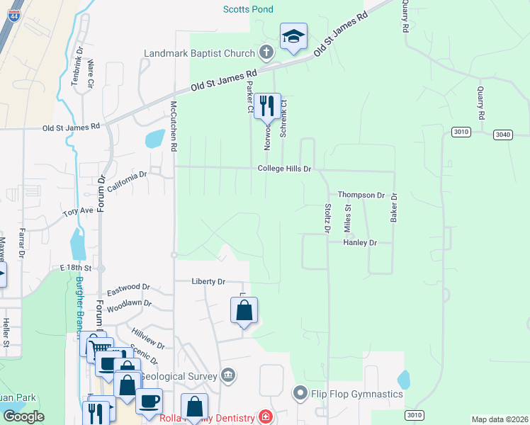 map of restaurants, bars, coffee shops, grocery stores, and more near 10805 Mann Court in Rolla
