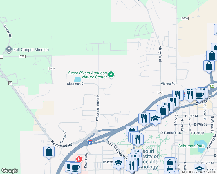 map of restaurants, bars, coffee shops, grocery stores, and more near 936 Meriweather Court in Rolla