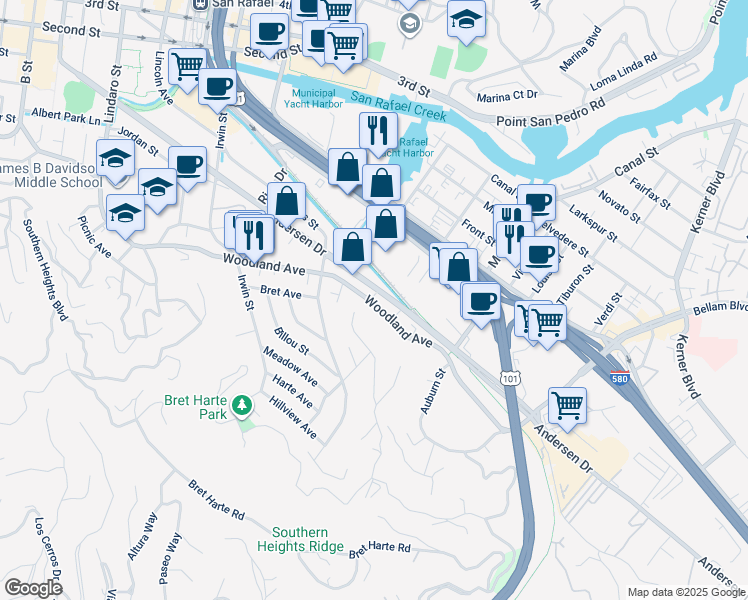 map of restaurants, bars, coffee shops, grocery stores, and more near 328 Culver Street in San Rafael